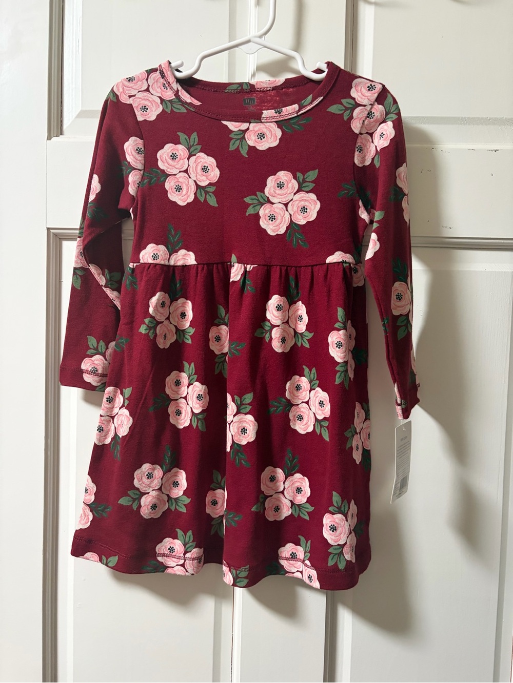 Girls' Floral Long-Sleeve Dress - Burgundy with Pink Flowers